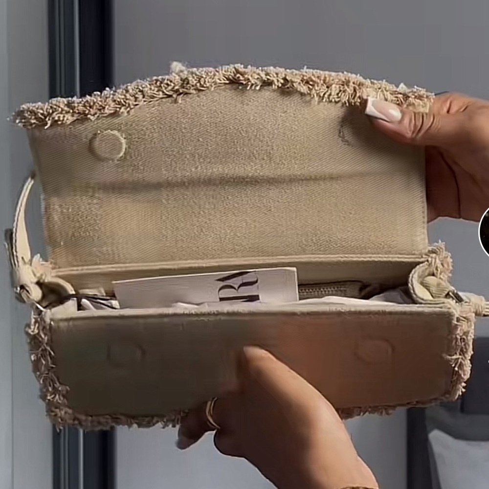 Zara Beige Tan Neutral Fabric shoulder Bag Handbag frayed trim Magnetic flap NWT - Picture 7 of 15